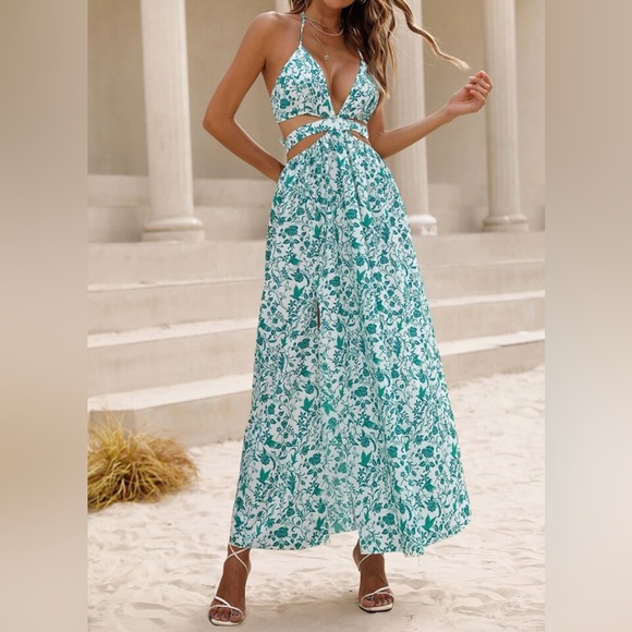 Dresses & Skirts - Teal Floral Cutout Maxi Dress - Women
